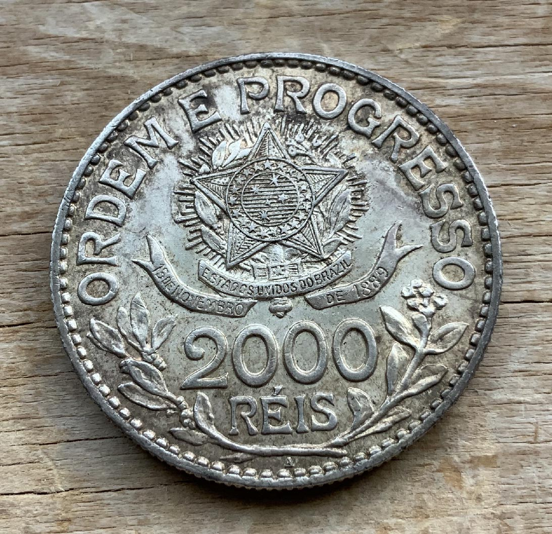 Brazil High Grade 2000 Reis 1913 .900 silver coin C3595